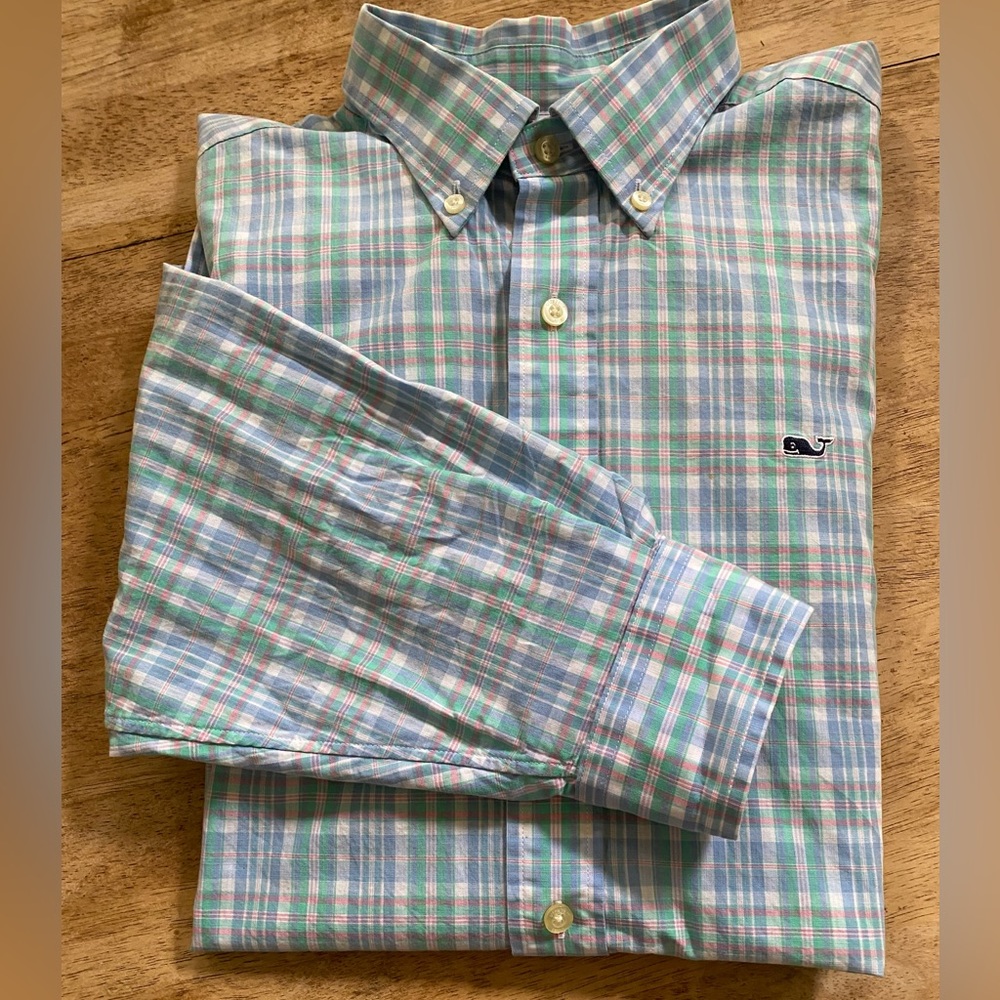 Vineyard Vines Whale Shirt Men’s M Pastel Plaid Cotton‎ Long Sleeve Button Down
